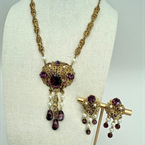 Vintage W Germany Purple Glass Filigree Necklace Earrings Set Parure - Picture 7 of 17